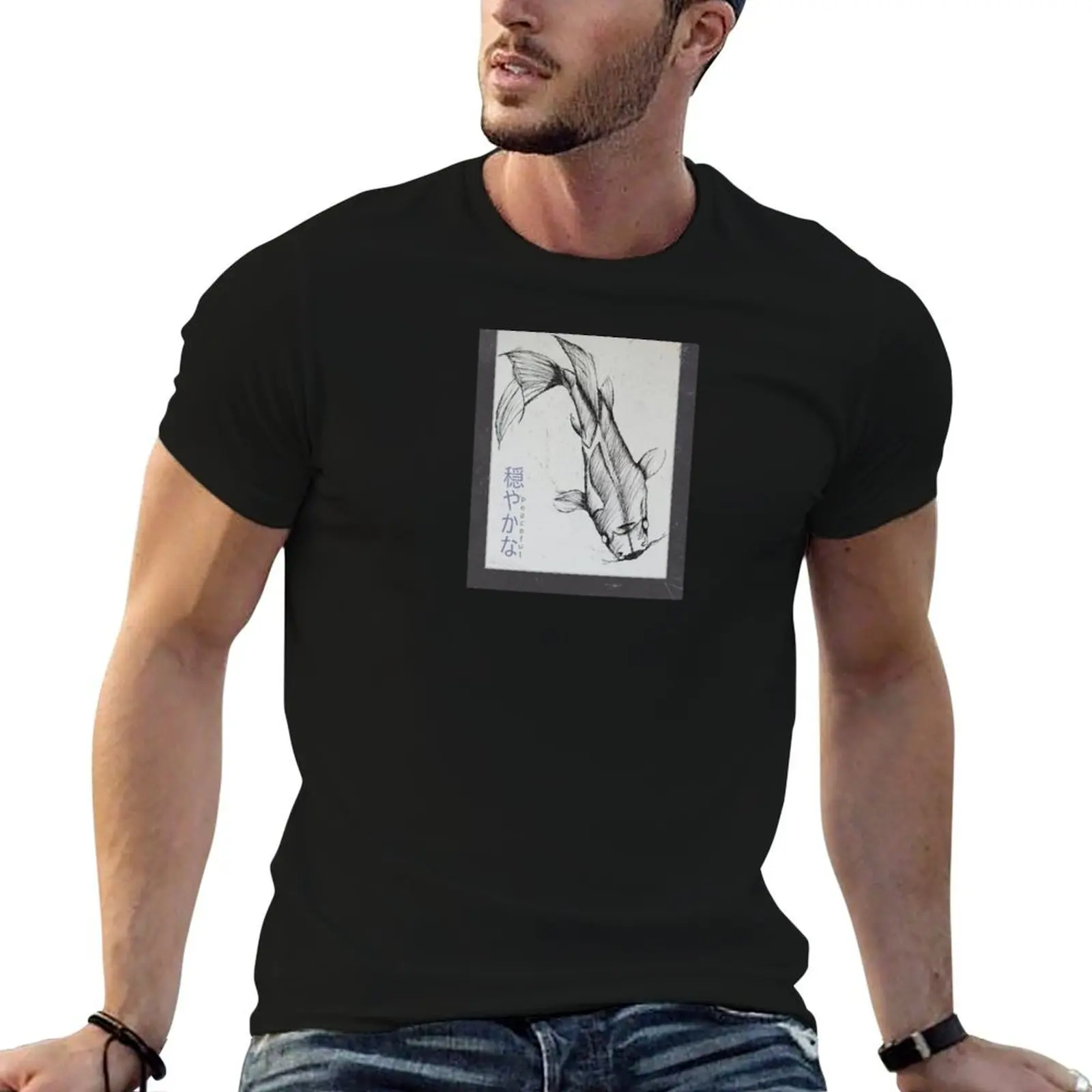 

T-Shirt man with Fish t Japanese Drawing luxury tshirt shirt Kanji man Koi