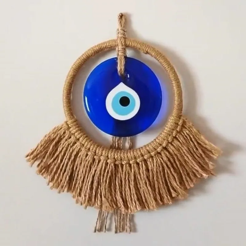 Handmade Turkish Blue Eye Hanging Decoration Woven Round Hoop Evil Eye Pendant European and American Style Blue Glass Ornament