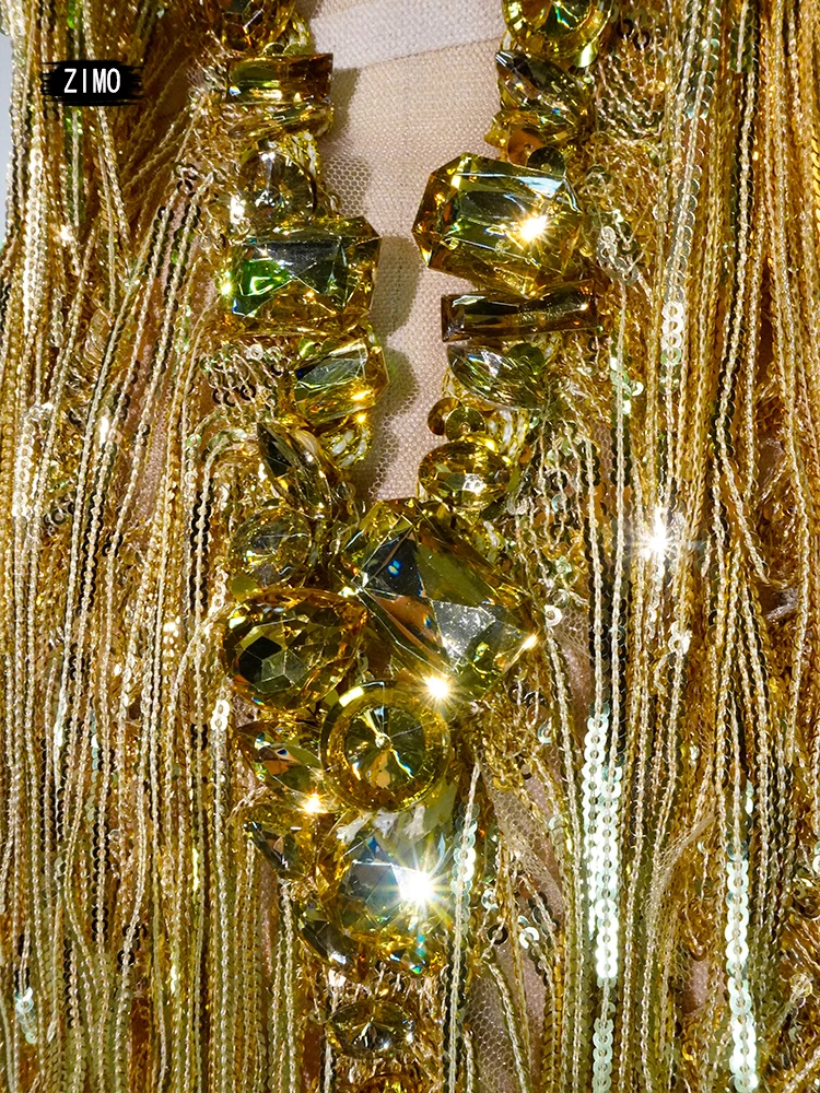 sparkly Perspective women\'s Gold rhinestone sequin fringe Long Dress dancing tassel romper Queen\'s Stage Evening prom party DS