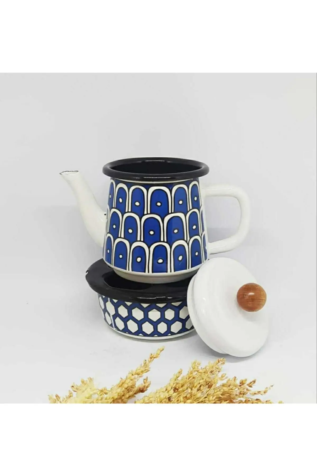 Ebruliemaye Blue Wave Enamel Isıtıcılı Teapot Set