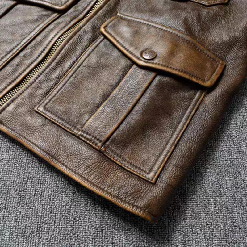 Men\'s Genuine Leather Jacket Natural Cowhide Hunting Jacket First Layer Cowhide American Retro Motorcycle Jacket Short Jacket