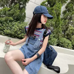 Fashion Casual Style Girls Shorts Summer Soft Denim Overalls Shorts New Korean Medium Large Children's Denim All-match Shorts