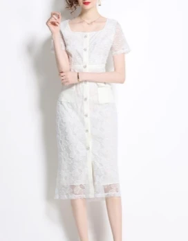 Elegant Sexy sequin Square Collar short sleeve Dress Summer Beach Vacation embroidery Slim Women sweet dresses