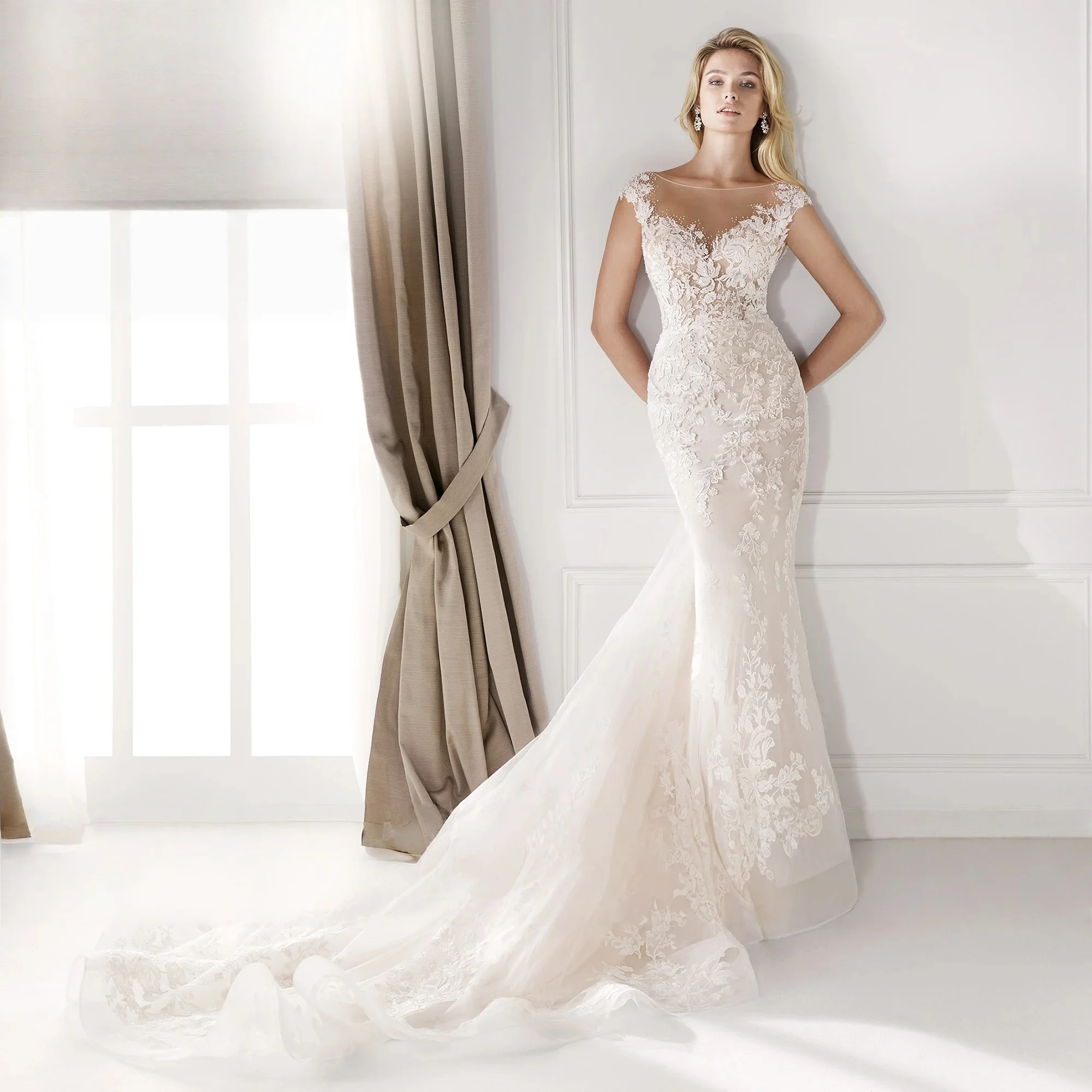 

Lace Wedding Dresses Mermaid Cap Sleeves Backless Boho Beach Bridal Gown Saudi Arabic Dubai Islamic Vestido De Noiva Customized