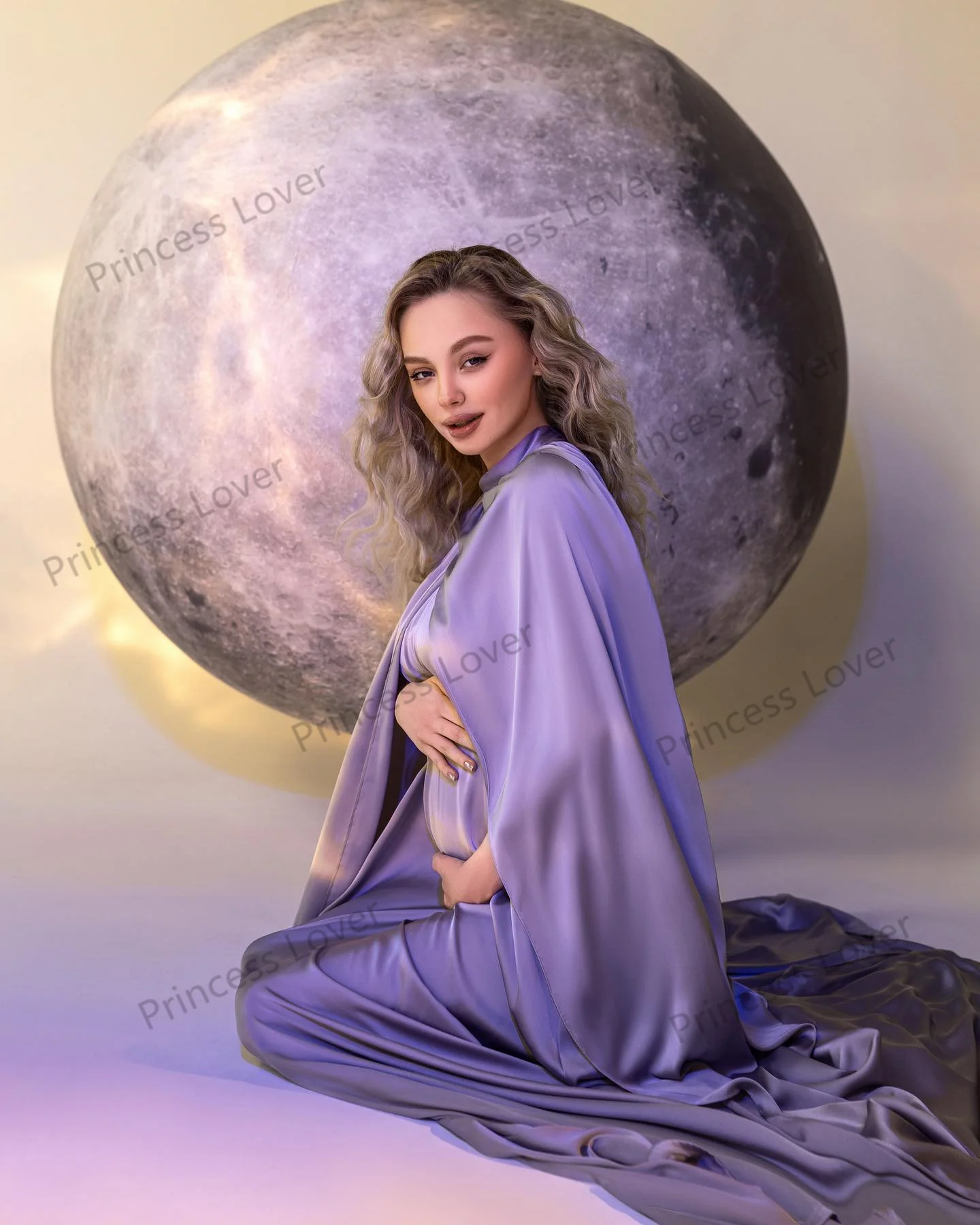 Soft Satin Pregnant Women Prom Dresses 2Pcs Maternity Photoshoot Dress with Wrap Elegant Baby Shower Gown