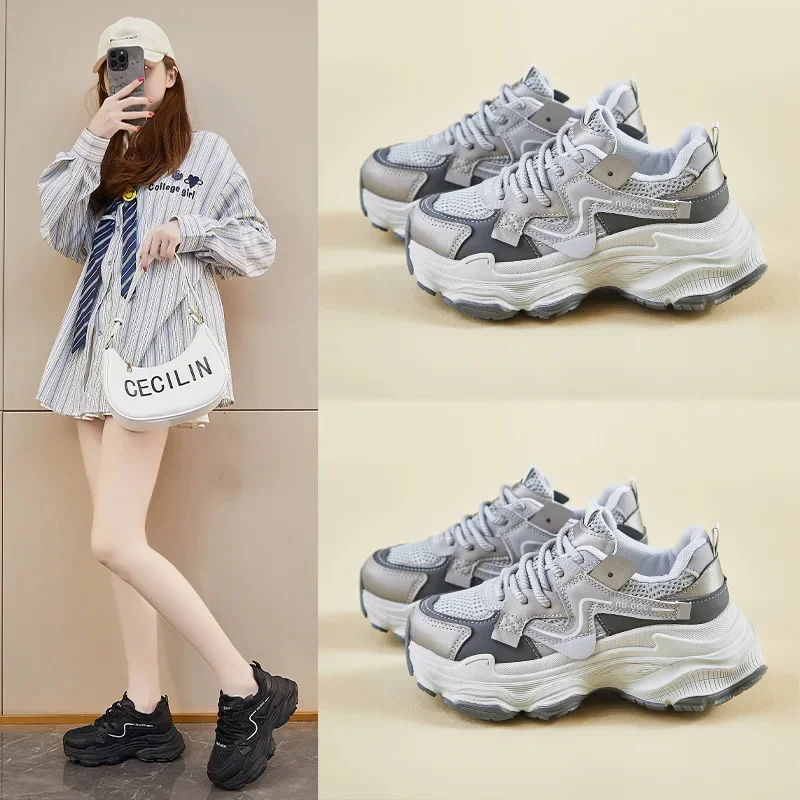 

Pop Outdoors Platform Sneakers Women Mesh Solid Color Breathable Trainers Lace-up Thick Sole Ladies Shoes Comfortable Female Sho