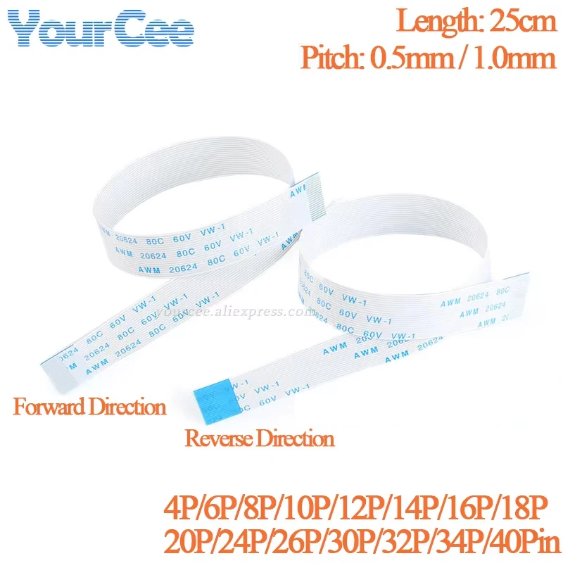 10pcs 25cm Length 1.0mm 0.5mm Pitch FPC FFC Ribbon Flexible Flat Cable Reverse Direction 4/6/8/10/12/14/16/18/20/24/30/32/40P