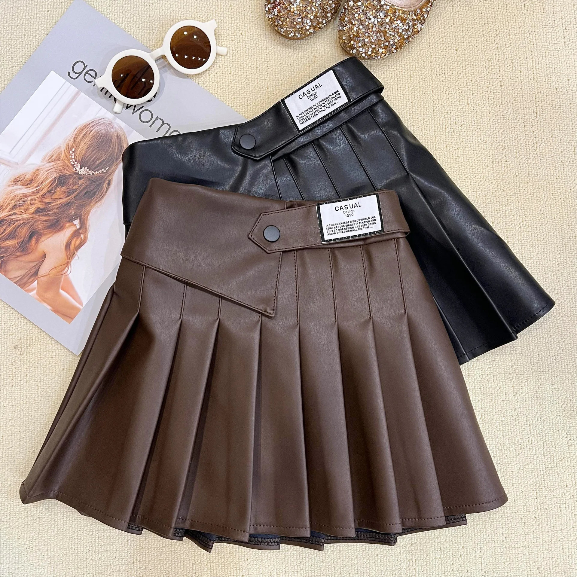 Girls Imitation Leather Skirt Spring and Autumn New Fashion Korean Version of All Flat Waist Wrinkling A Version of Pleated Skir