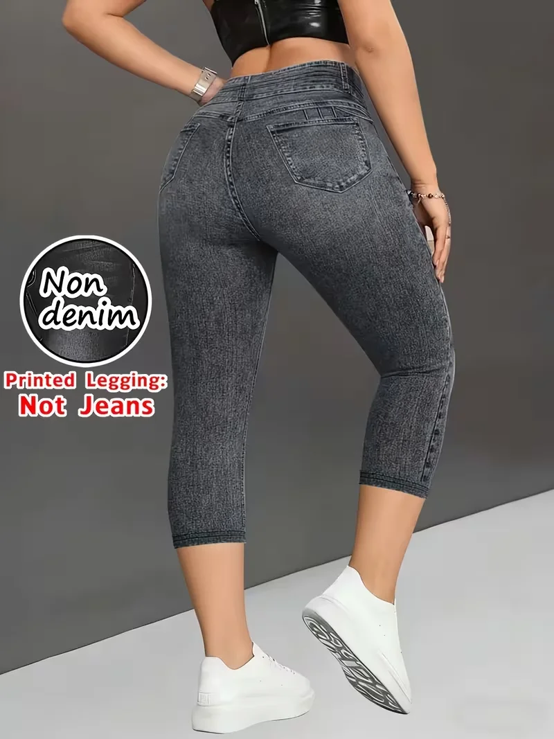 Printed Leggings, Not Denim Fabric, Fake Pocket & Button Print Capri Pants, High‑Stretch New Fashion Skinny Pants