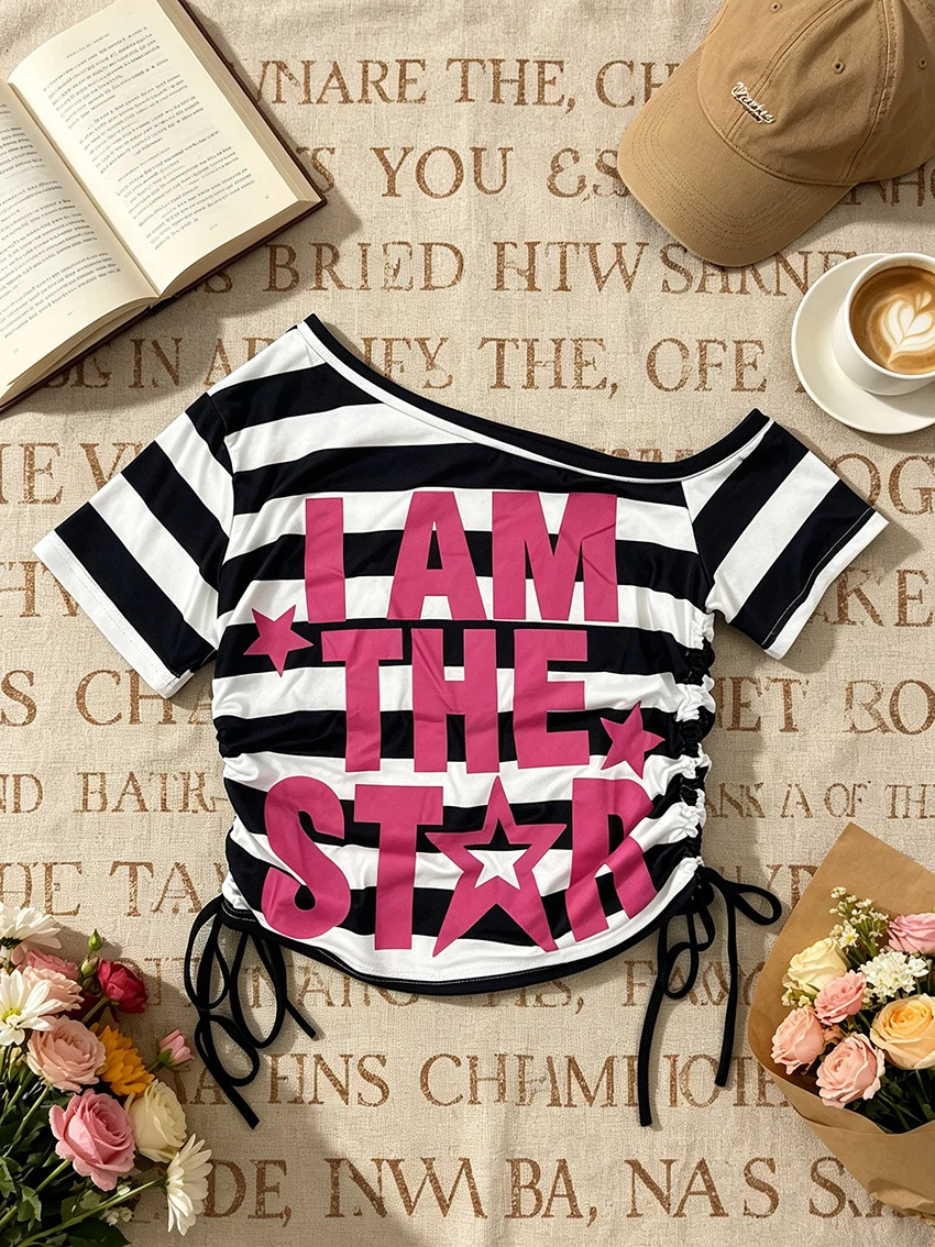 Trendy Women One Shoulder Striped Crop Top Punk Letter Star Print Side Adjustable Drawstring Ruched Short Sleeve Casual Slim Tee