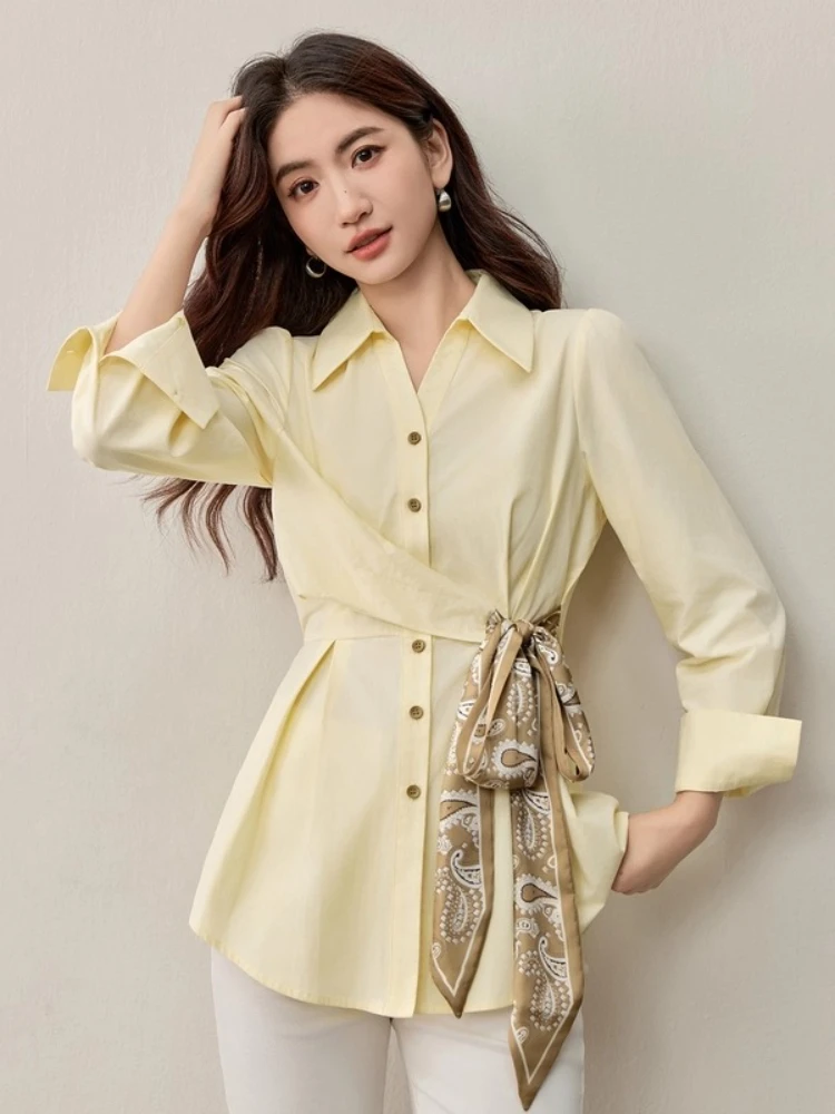 

SENTUBILA 100% Cotton Scarf Belt Shirt Women Print Waist Elegant Commuter Blouse Autumn 2025 Long Sleeve Top W53CA2860