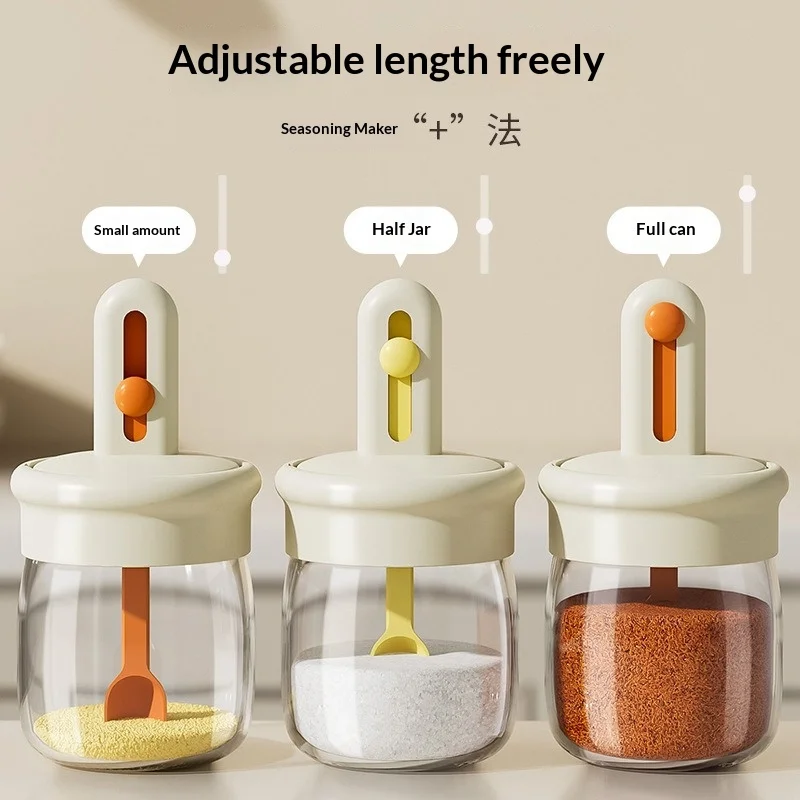 Glass Retractable Seasoning Jar, Spoon Lid Integrated Seasoning Box, Home Kitchen Seasoning Distribution Bottle, Sealed Salt Jar