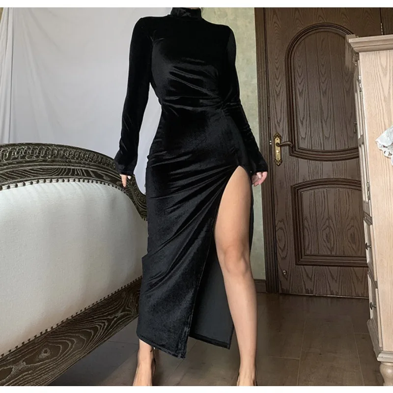 

Women's Velvet Turtleneck Long Dress, Slim Pleated Split, Elegant Dresses, Temperament Commuting, Autumn and Winter Fashion, New