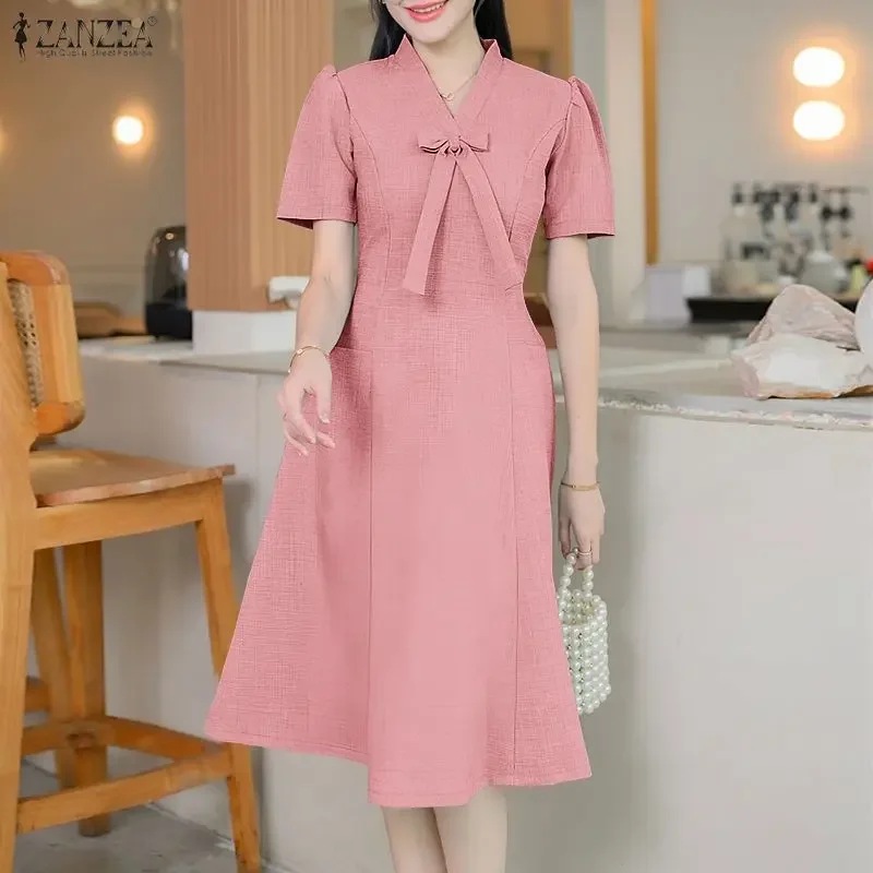 ZANZEA-vestidos elegantes de oficina para mujer, Vestido de fiesta con cuello de pico, Vestido liso de trabajo hasta la rodilla, Vestido de manga corta 2026