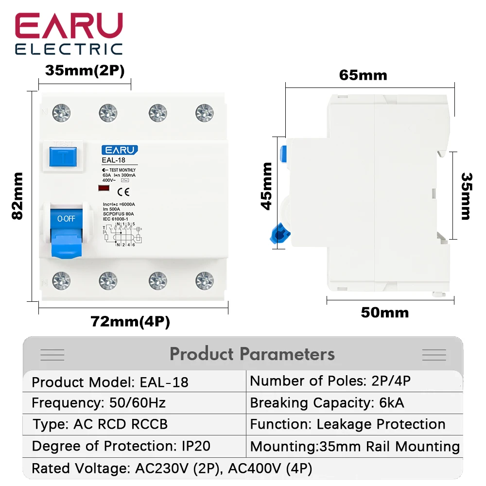 2P 4P 10/30/100/300mA Type AC RCCB RCD ELCB Electromagnetic Residual Current Circuit Breaker Differential Breaker Safety Switch