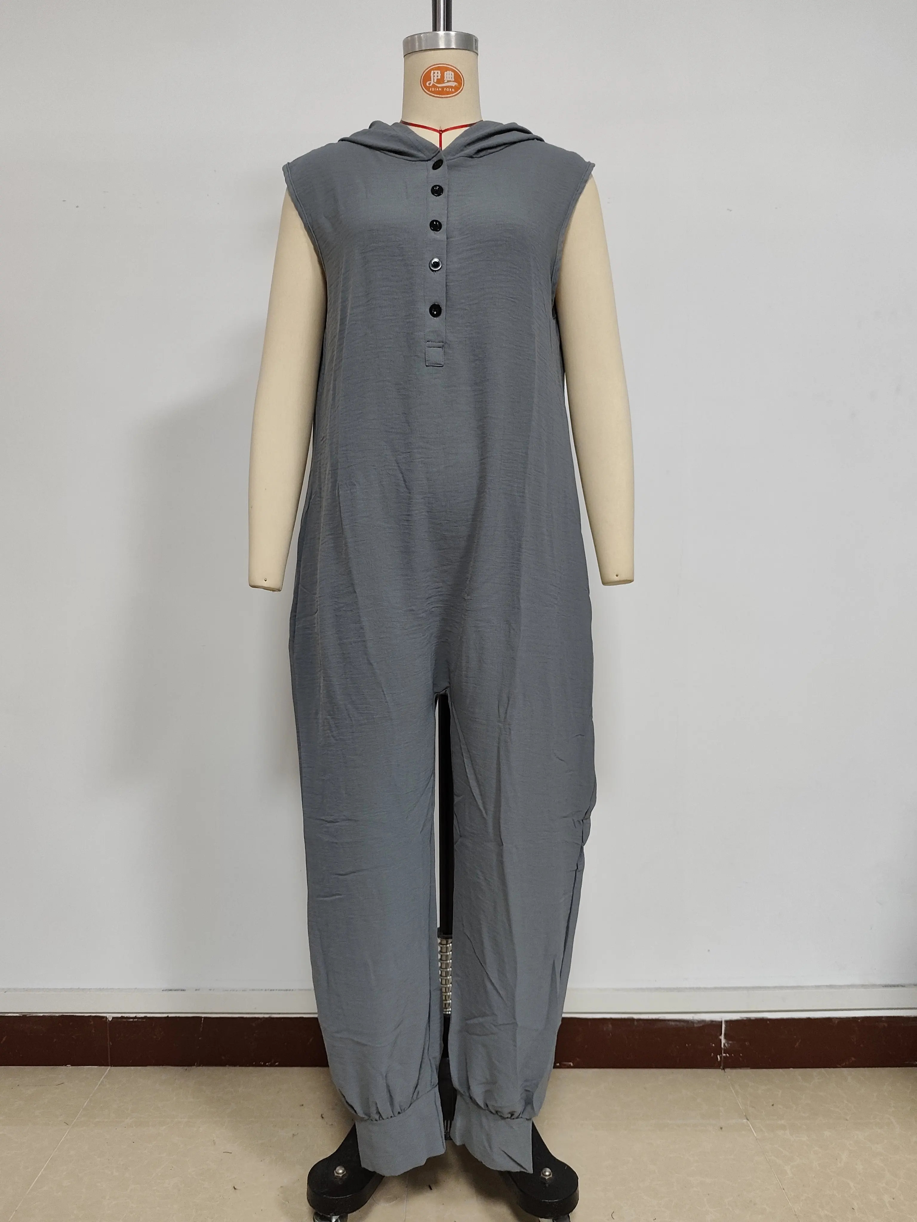 Damen Sommer Ärmelloser Lässiger Kapuzen-Jumpsuit V-Ausschnitt Lose Haremshose Einteiler für Urlaub und Alltag – Detail 17