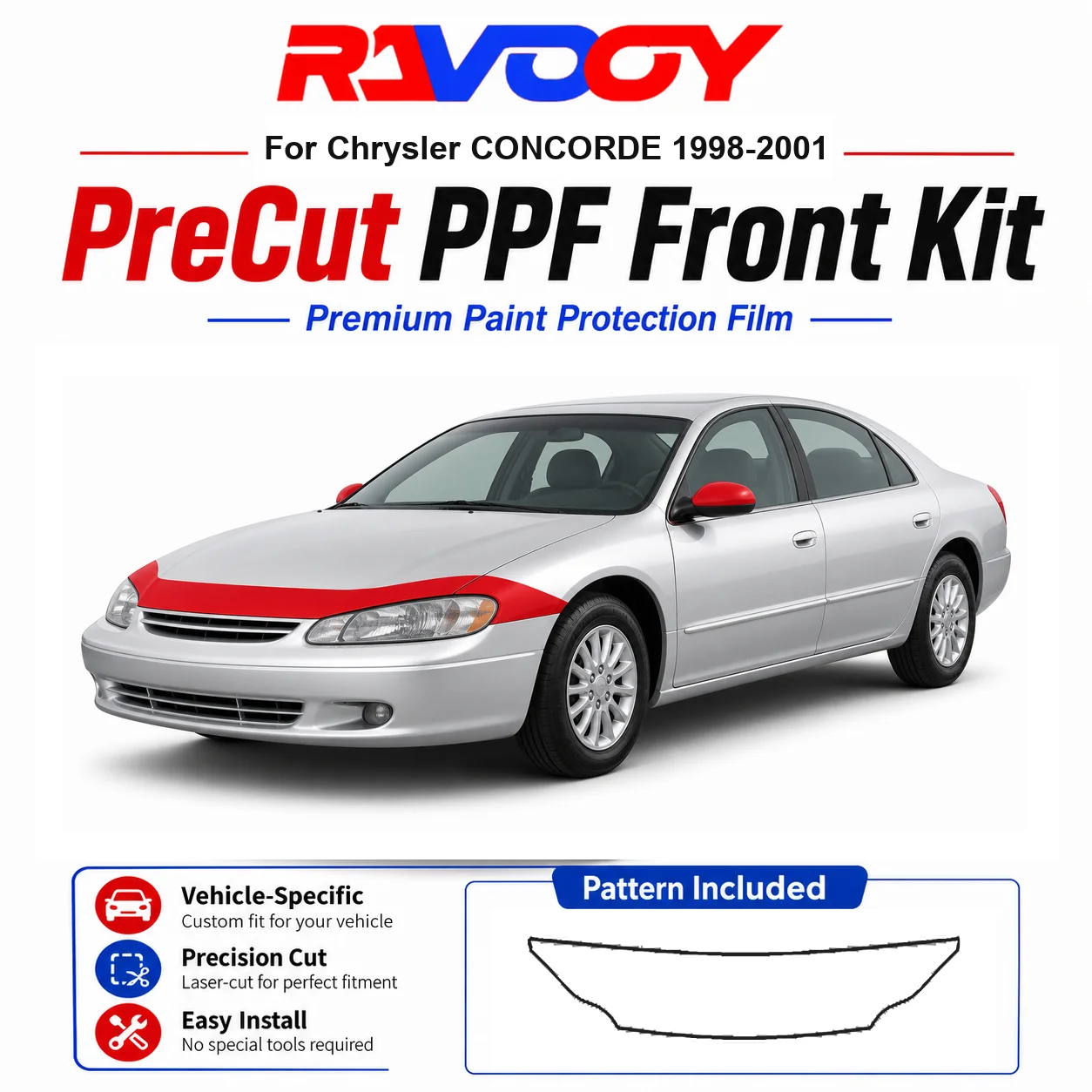 Kit de PPF precortado de TPU de 8.5mil para Chrysler CONCORDE 1998-2001 - Juego de capó, guardabarros y espejos - Película transparente autoregenerable