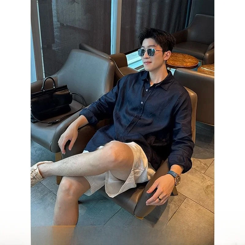 Men's Summer Lightweight Breathable Cotton Linen Shirt Long Sleeve Fashionable Casual Style Blue Color Sun Protection Coat