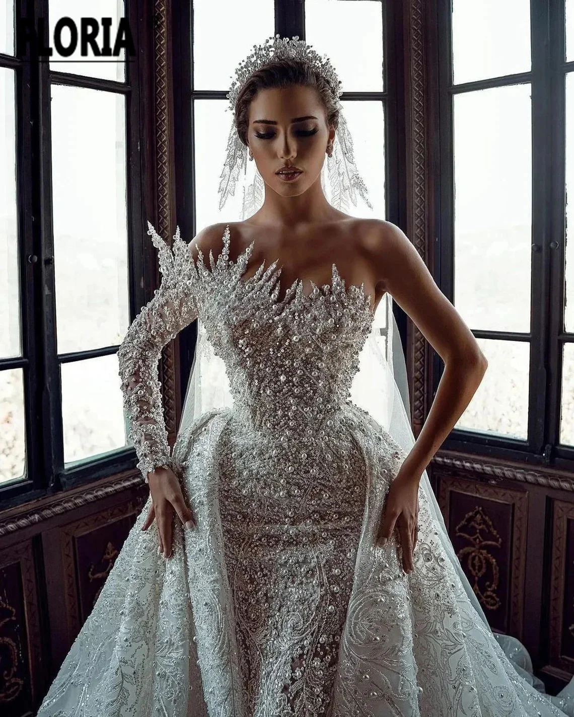 

Vestido De Novia Luxury Pearls Wedding Dress with Detachable Train Dubai Arabia Long Sleeve Beaded Lace Bridal Gown Robe Mariee