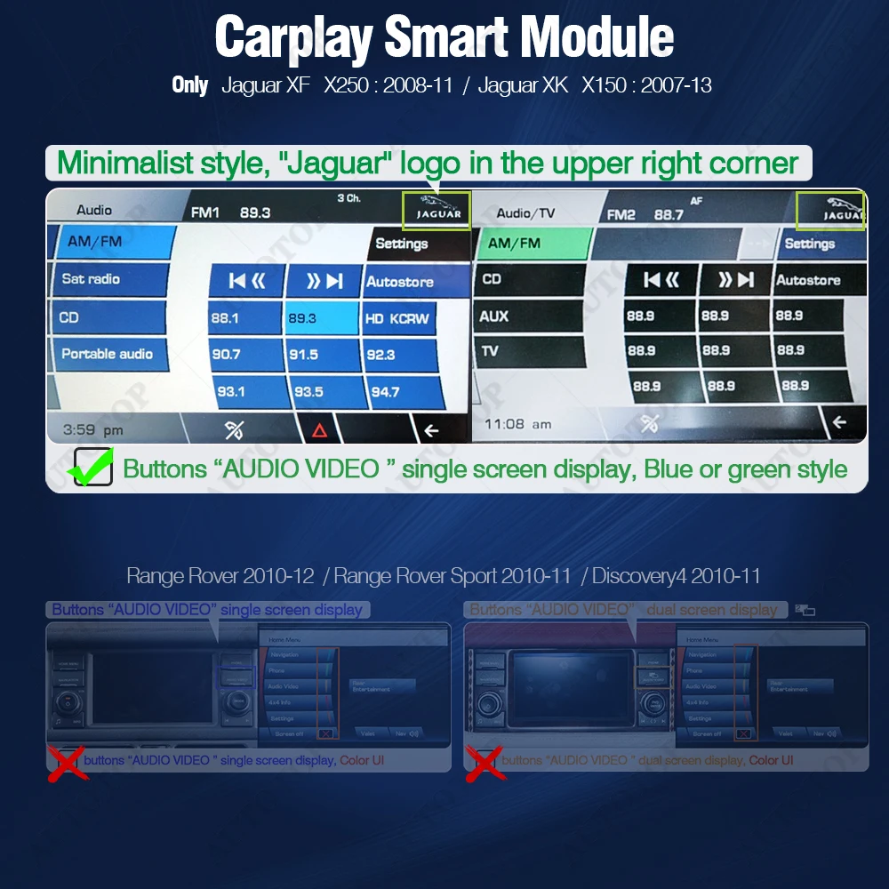 Boîtier décodeur sans fil AUTOTOP CarPlay Android Auto pour Jaguar XF X250 XK X150 2007-2013 Denso Gen2.0 IAM2.0 Interface de rétrofit pour écran d'origine AirPlay MirrorLink Bluetooth AUX USB Caméra OEM Commande au volant Mise à niveau de l'affichage d'usine