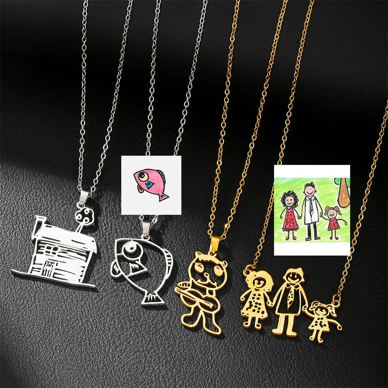 DIY Custom Logo Children's Drawing Picture Pendant Necklace Personalized Kids Artwork Image Stainless Steel Necklace Memory Gift