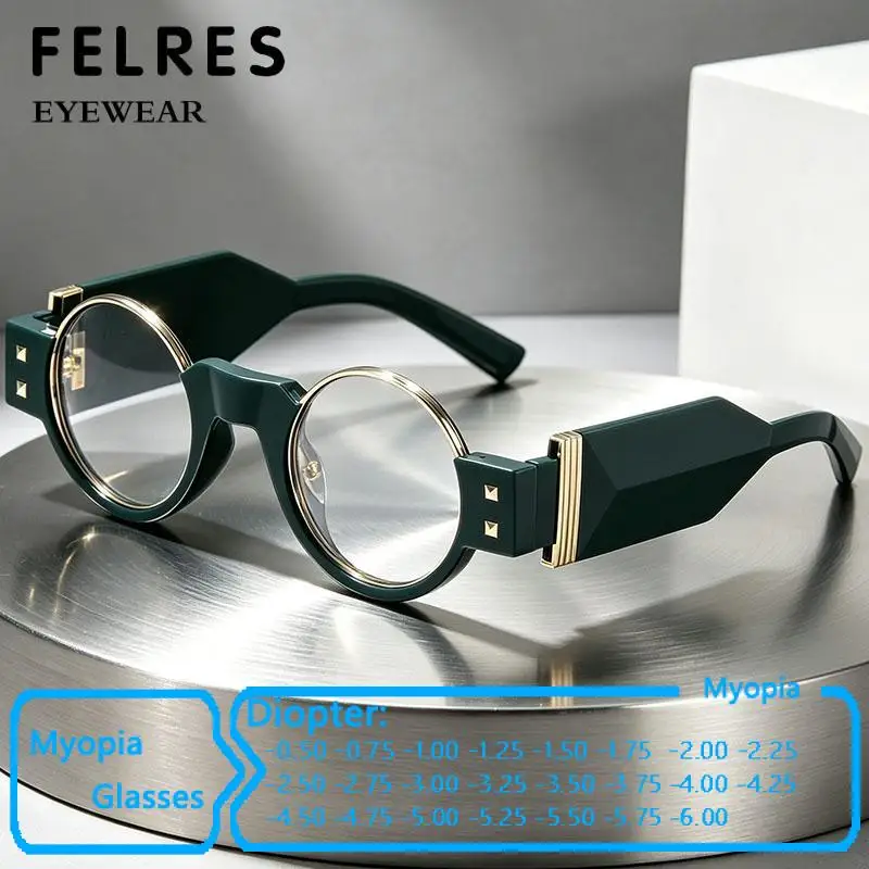 Retro Round Anti Blue Light Myopia Glasses Men Women Punk Optical Driving Nearsighted Eyewear Prescription Negative Diopter Lens