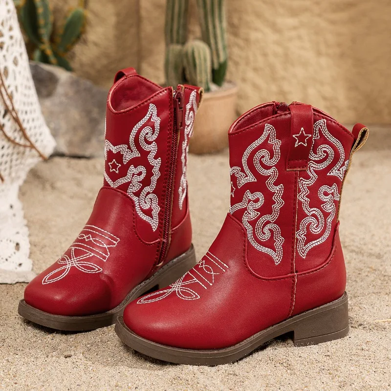 Children's Fashion Boots Versatile Outdoor Fashion Kids Shoes Comfortable Lining Western Princess Boot with Cute Embroidery