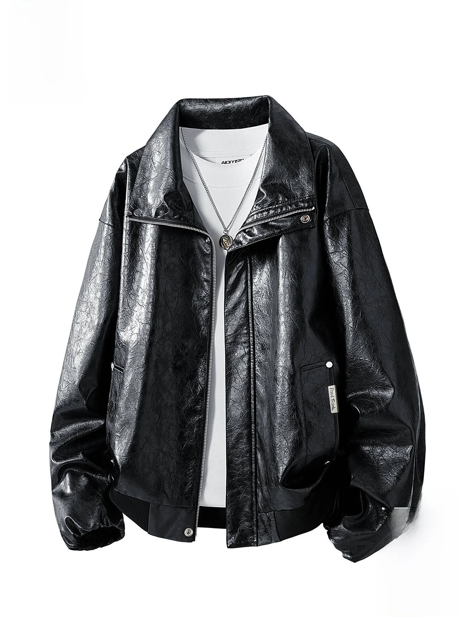 

PaulFrank Bla Stand Collar Motorcycle Jaet Men's Autumn Winter Street Sle Casual Faion Polyester Fiber Long Sve Coat