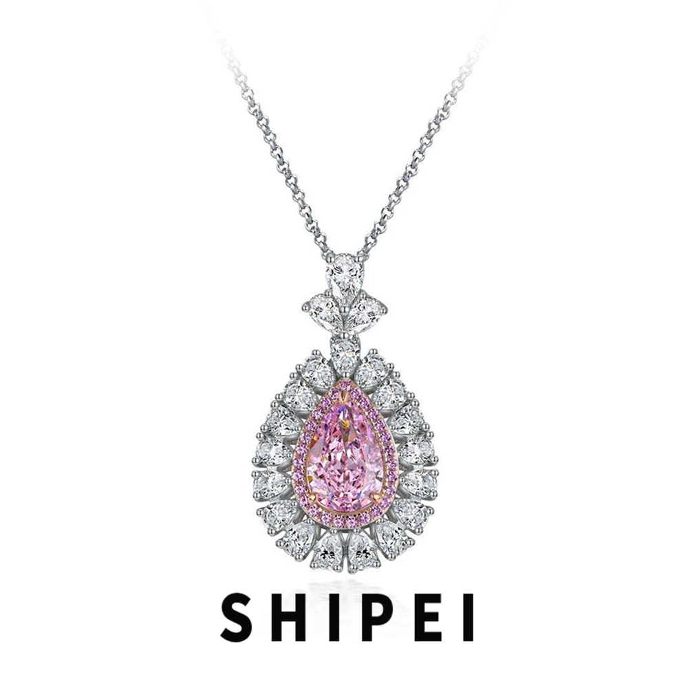 

SHIPEI Luxury Solid 925 Sterling Silver 3CT Pink Sapphire Citrine Gemstone Women Necklace Pear Pendant Fine Jewelry Wholesale