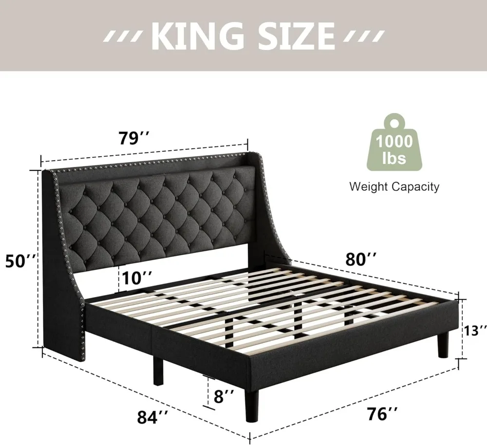 King Size Bed Frame with Luxury Wingback and Fast Charging Station,King Upholstered Button Tufted Storage