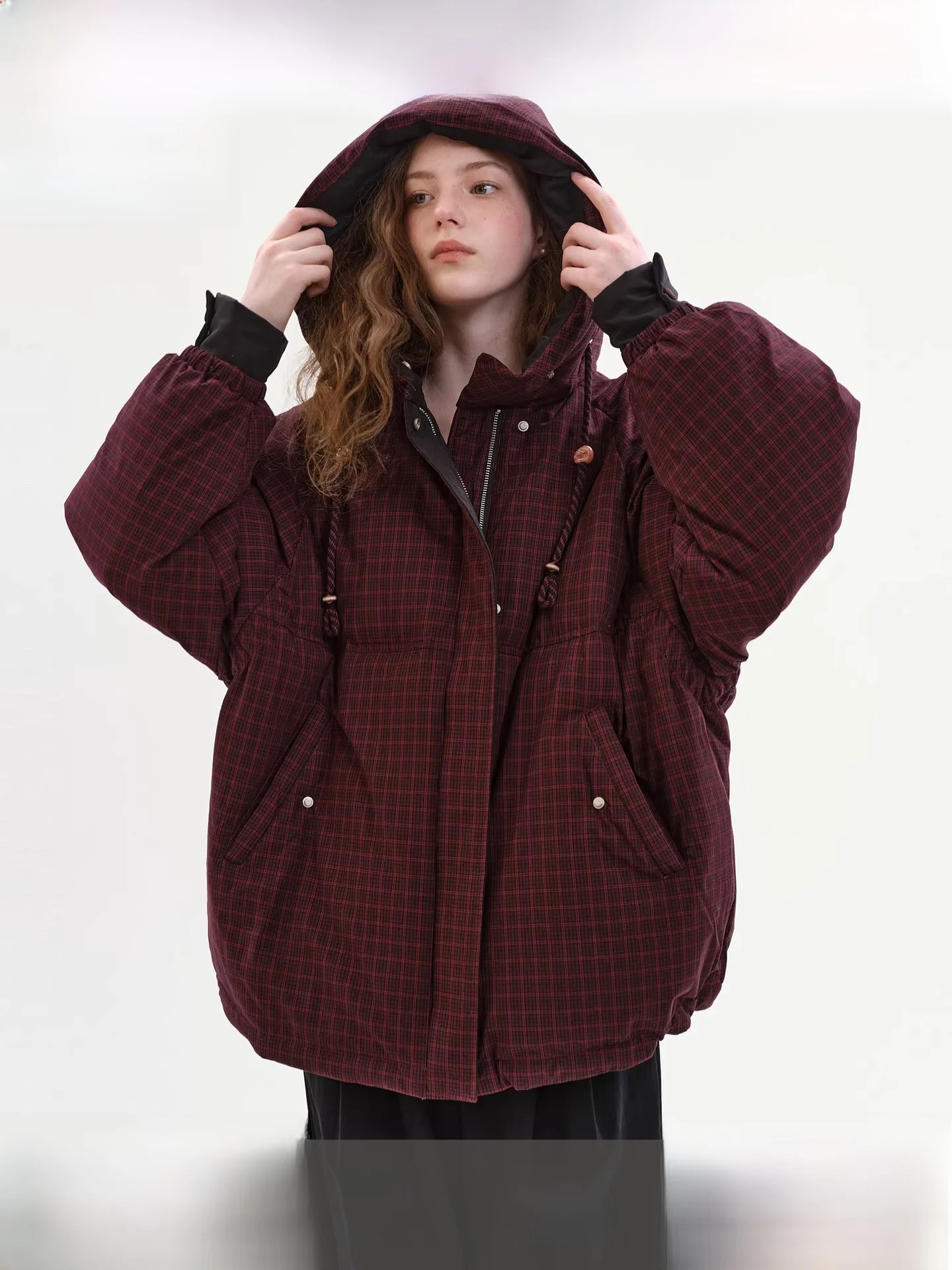 

Fano Women's Hooded Mid-Length down Jaet Plaid Loose Feel Winter Outerwear Warm Commute Sle Regular Fit White Du down