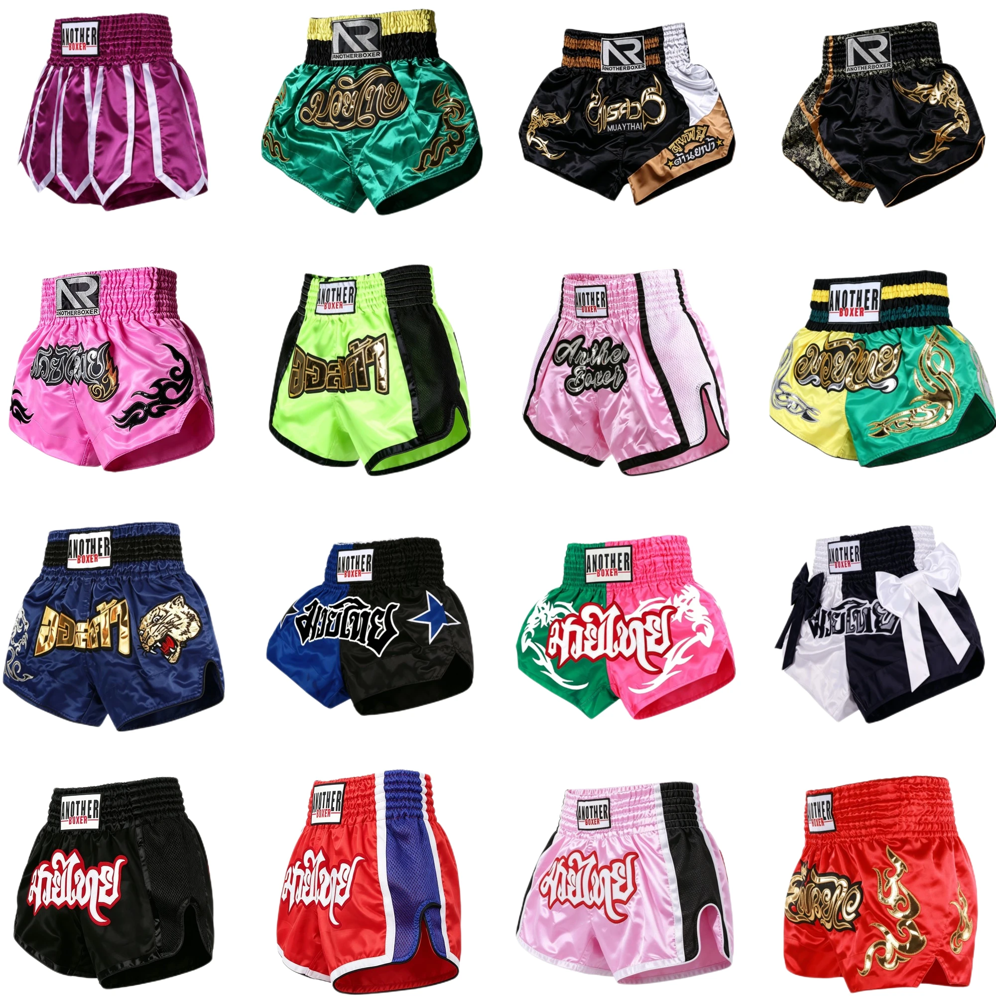 Klassische Muay-Thai-Shorts mit thailändischem Muster, atmungsaktive Satin-Shorts mit elastischem Bund, Kickbox-Trainingshose, Kampfshorts für Boxsparring