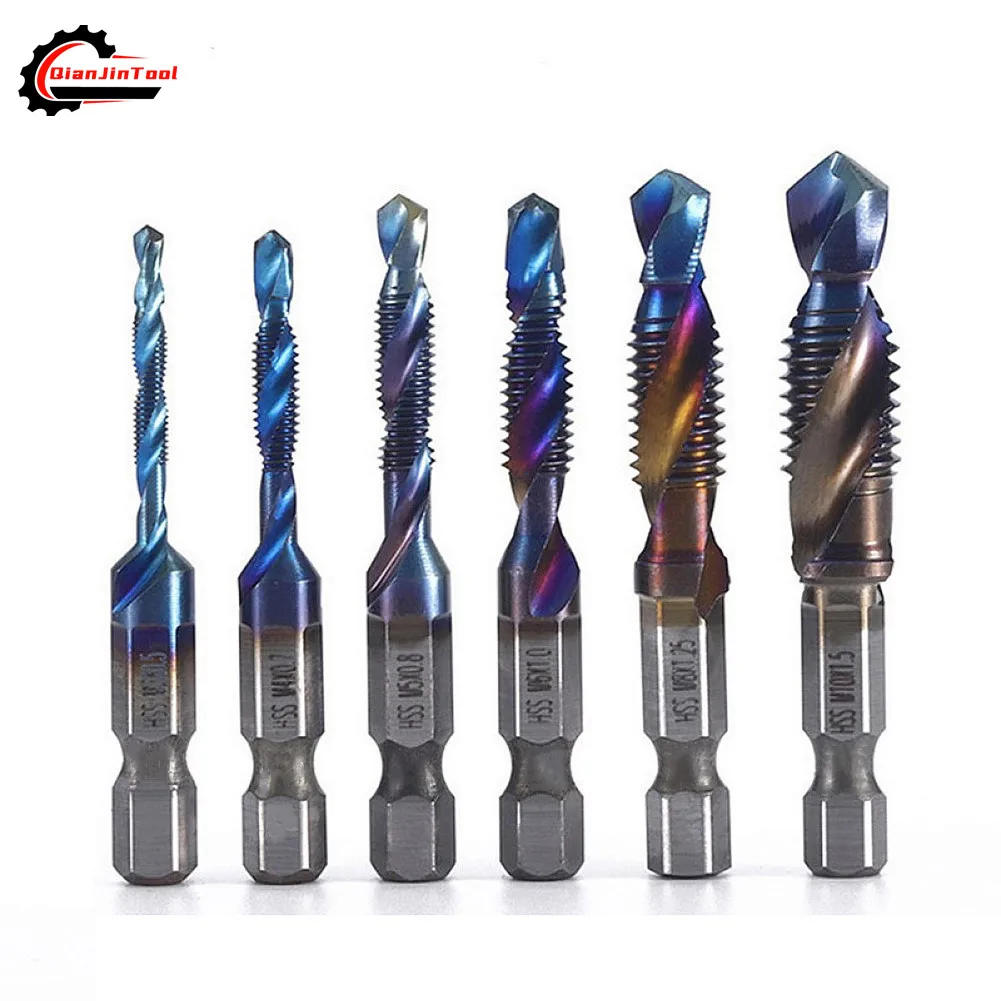 6Pcs Compound Metric Tap Drill Bits Screw Thread Hex Shank Machine Blue HSS Tap Bit Tool M3 M4 M5 M6 M8 M10 For Metal Wood
