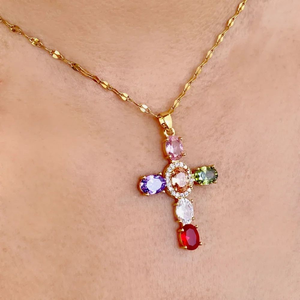Mehrfarbige CZ-Stein-Anhänger-Kreuz-Halskette, Regenbogenfarben, zierliche Pave-Kreuz-Halskette, Neon-Schmuck für Frauen, Halloween-Geschenk – Detail 1