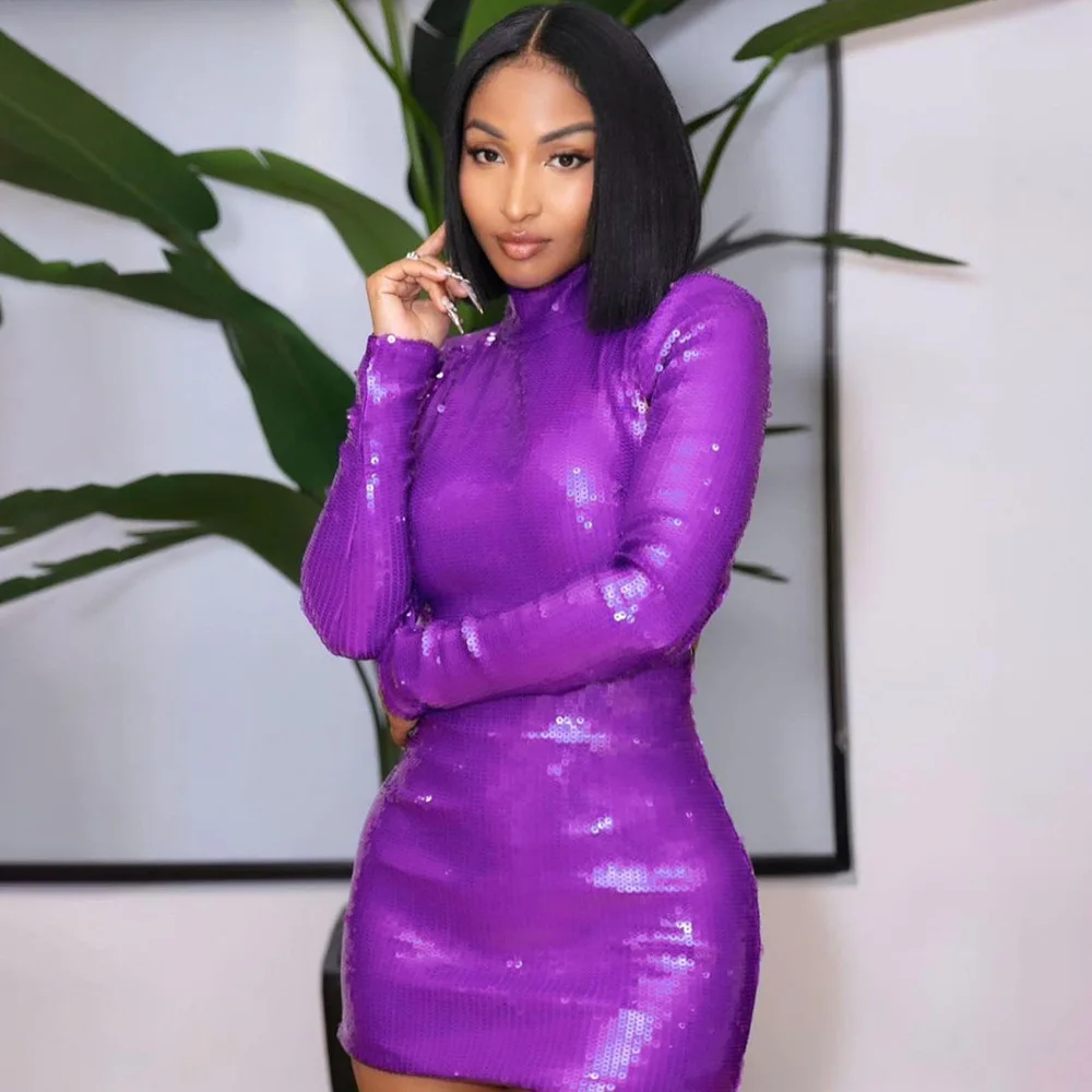 

Purple Sequin Backless Dress Long Sleeve Fashion Evening Party Red Carpet Host Gown Women's Clothing Chic Celebrity Wear Spring