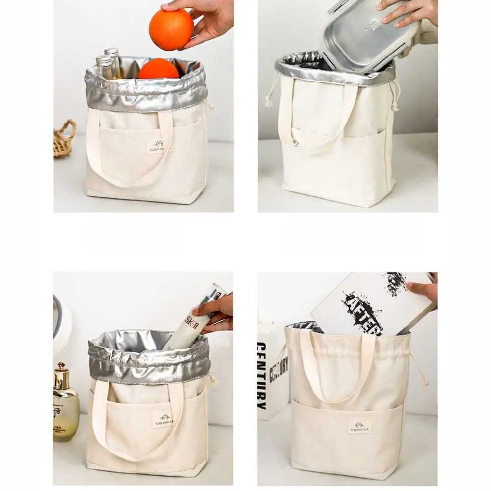 Drawstring Canvas Insulated Lunch Bag Thicken Aluminium Foil Thermal Box Tote Cooler Handbags Picnic Food Dinner Container