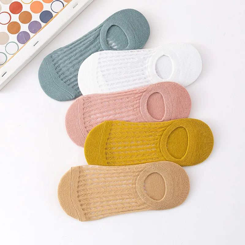 5 Pairs Summer Thin Mesh Socks Ladys Shallow Silicone Anti Slip Invisible Socks Lovely Solid Color Boat Socks image 3