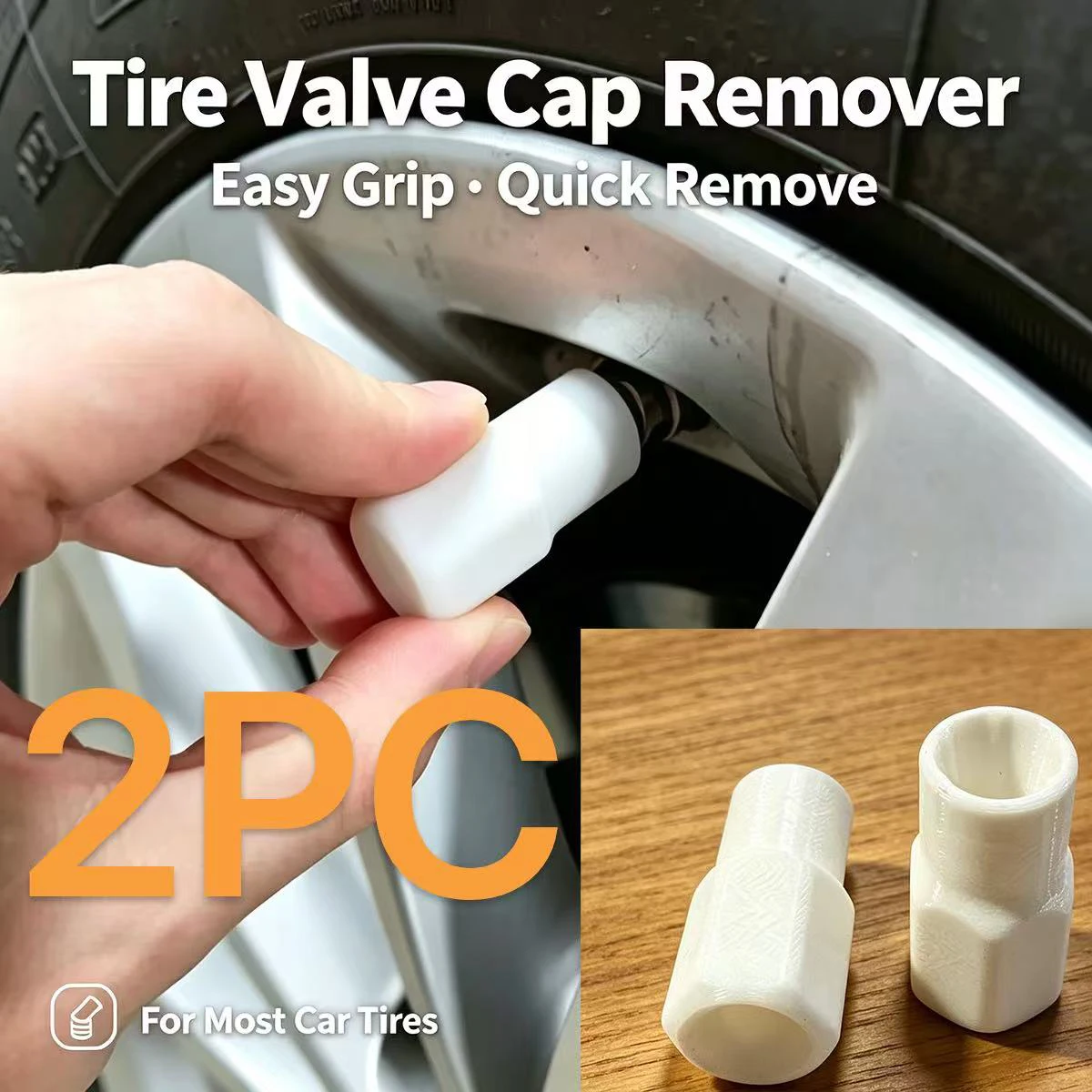 White Tire Valve Cap Removal Tool Set of Two, Universal Car and Motorcycle Tire Valve Cap Disassembly Socket, Non-Slip Easy-Grip Quick Removal Valve Cap Repair Tool
