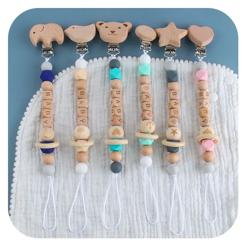 Personalized Name Baby Pacifier Clips Move Wooden Ring Cartoon Bear Heart Dummy Nipples Holder Clip Chain Newborn Teething Toys