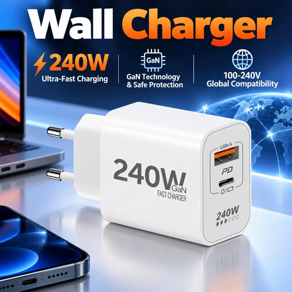 240W GaN USB C Charger 2-Port Fast Charging Phone Charger Power Adapter For iPhone Samsung Xiaomi Type C US Plug Wall Charger