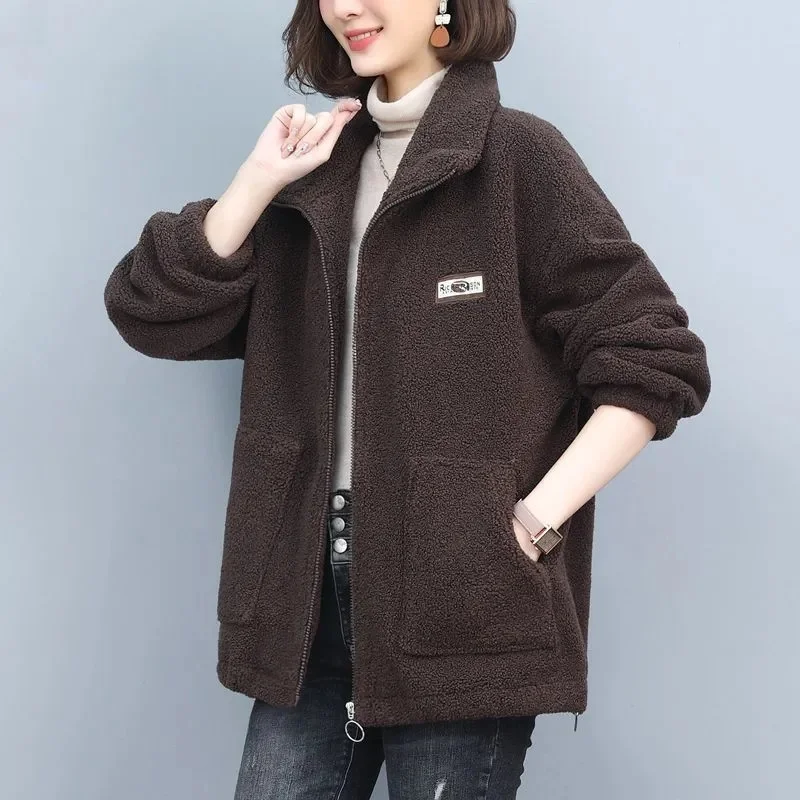 

Imitation Lamb Wool Jacket Women Middle-Aged Mother Thickened Coat Autumn Winter 2023New Outwear Cardigan Sportshirt Female Tops