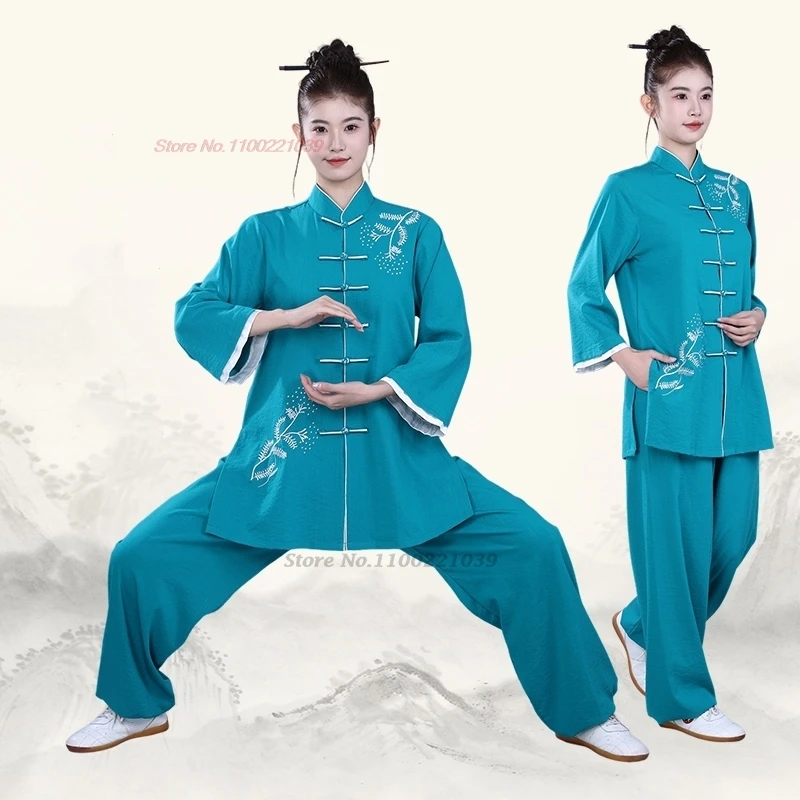 

2024 chinese tai chi kung fu training exercise martial arts national flower embroidery cotton linen tai chi training exercise