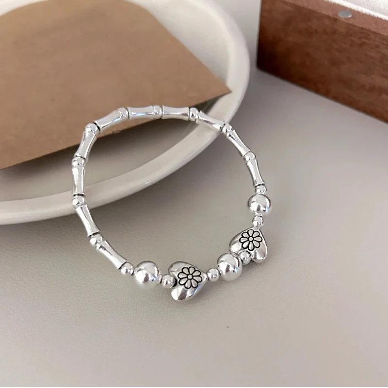 Ventfille 925 Sterling Zilver Love Heart Kraal Armband Voor Vrouwen Bloem Bamboe Splicing Design Elastische Sieraden Cadeau Dropshipping