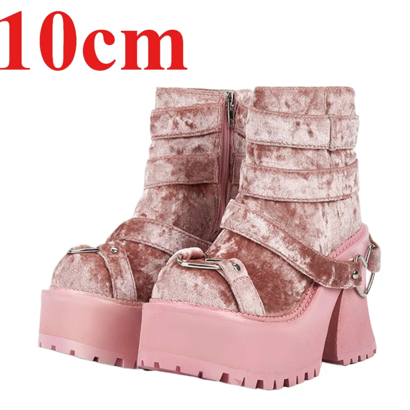 Europe/American Pink Suede Boots Shoe for Women's 10cm Genuine Leather Thick Platform Thick Heel Height Increasing Fashion Boots