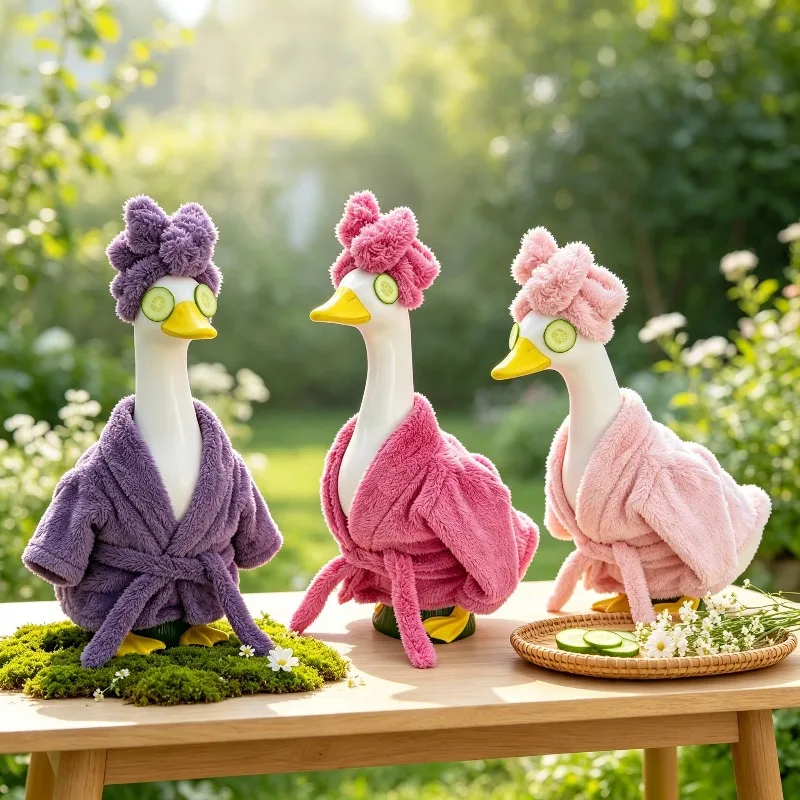 Bathrobe Lawn Goose Costume Set with Cucumber Eye Mask for 23 Inch Garden Statue Outdoor Porch Decor (without Goose)