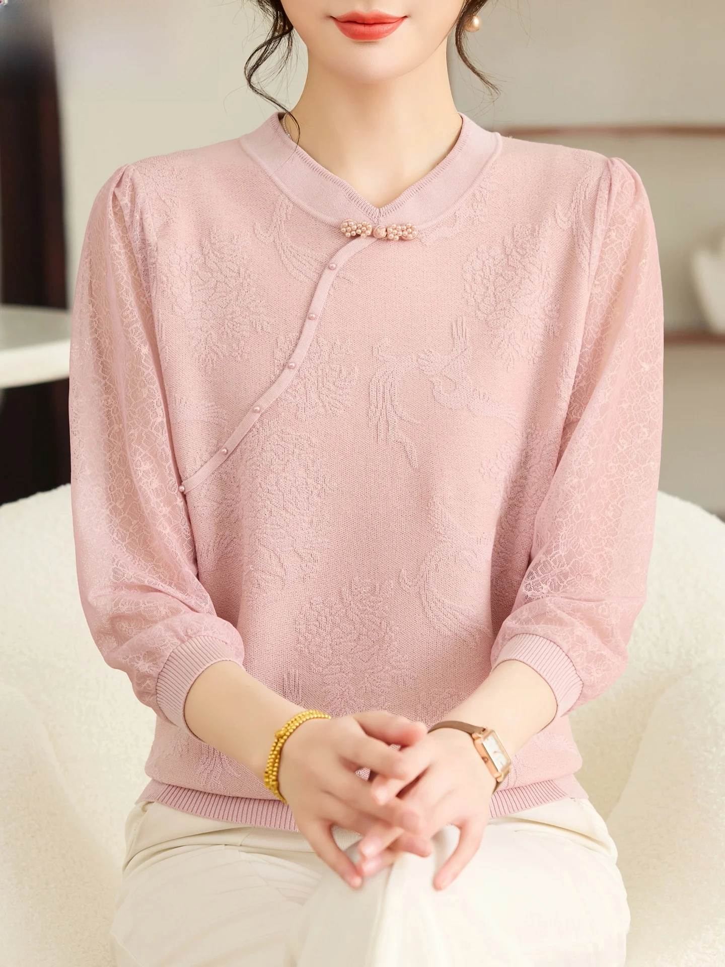 

Ele Mom Spring Faion Chiffon Knitted irt Women's Base Layer irt Svel Top for Middle-Aged And ly