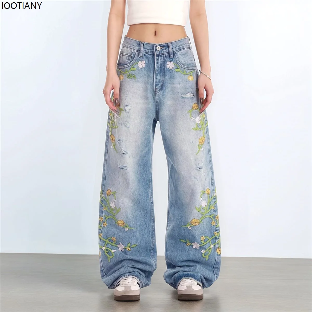 Vintage Floral Embroidery High Waist High Street Blue Straight Jeans Fashion Flower Women's Wide Leg Loose Jeans Y2k Casual Pant