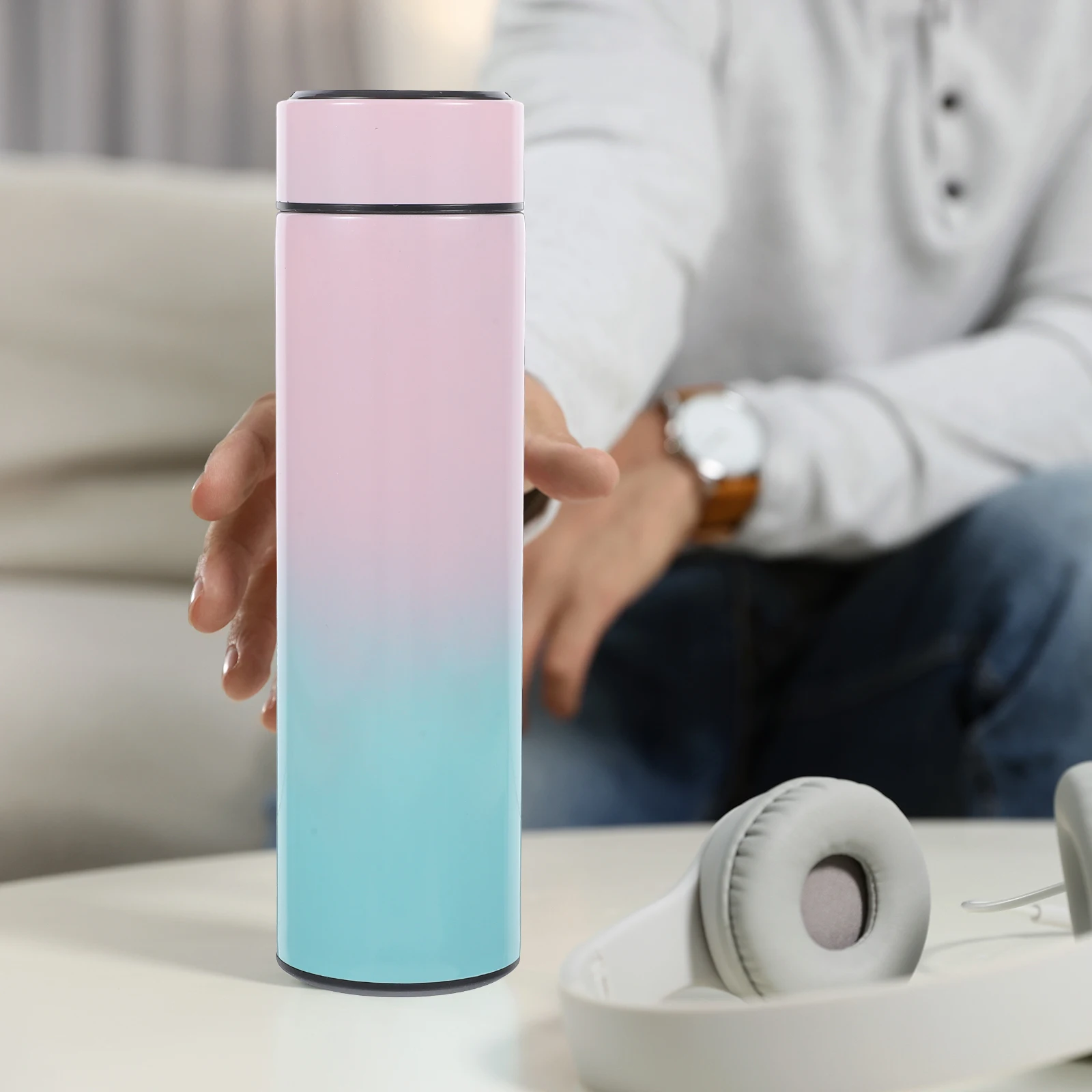 

304 Stainless Steel Insulated Bottle LCD Display Gradient Pearl Powder Green Vacuum Flask Large Capacity Travel Water Bottle