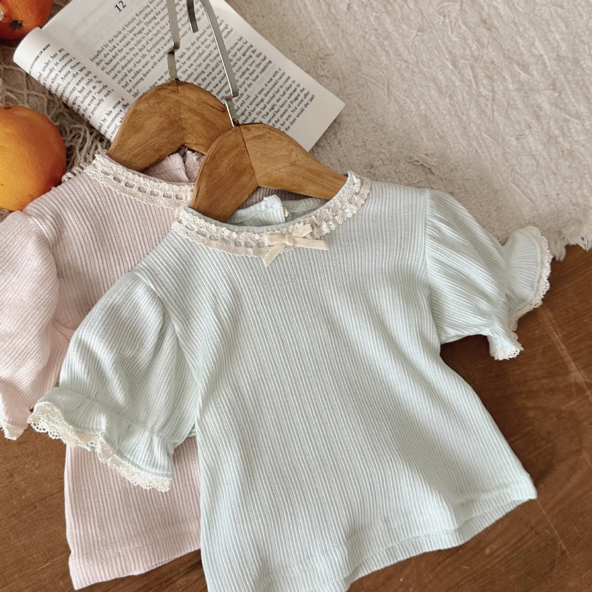 Baby Clothing 2024 New Fashionable Summer Baby Bow Lace Collar Short Sleeved Blouse Princess Sweet Casual Top for Baby Girls