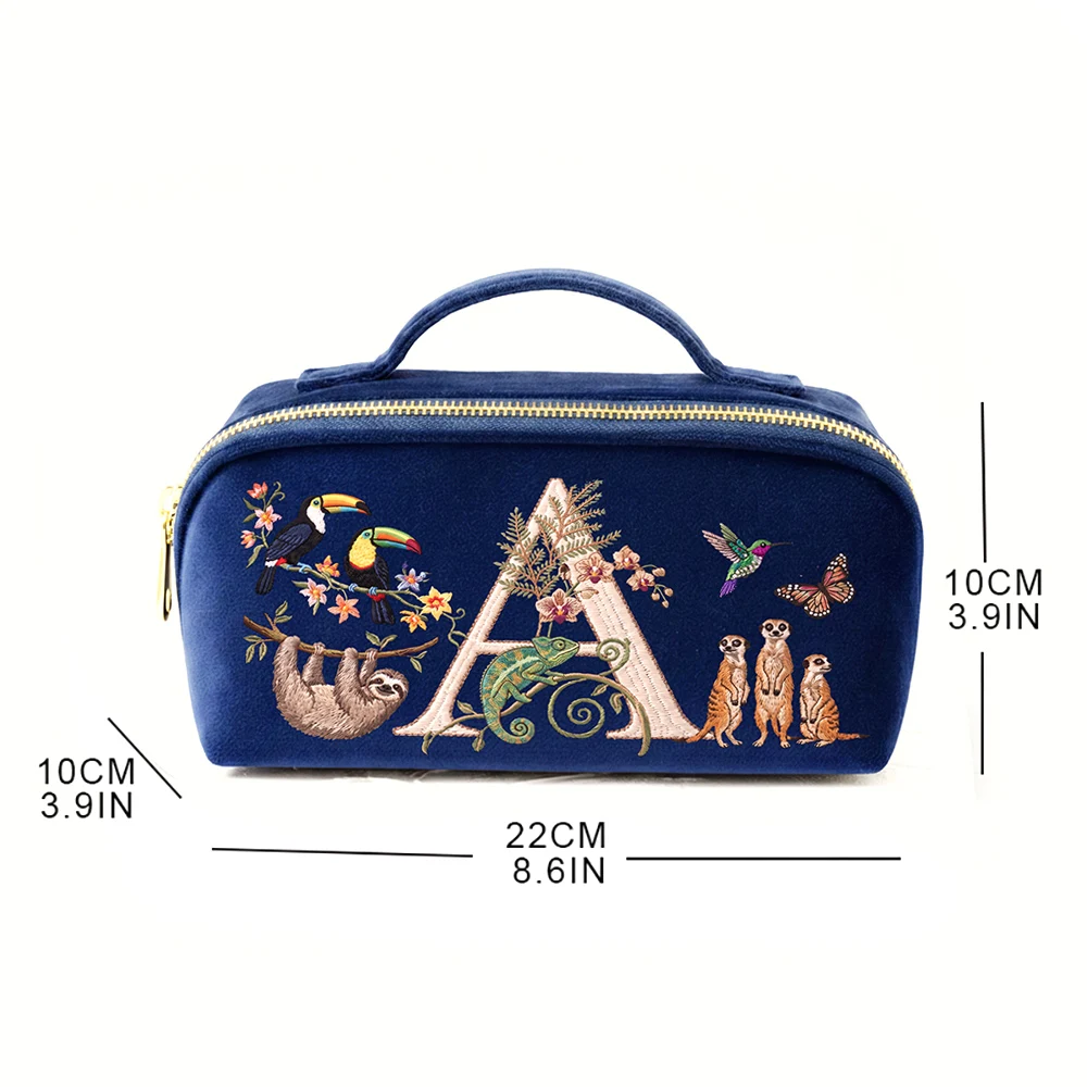 Marineblaue Kosmetiktasche aus Samt mit Imitationsstickerei, Buchstabenmuster und Tiermotiv, großes Fassungsvermögen, für Damen. – Detail 1